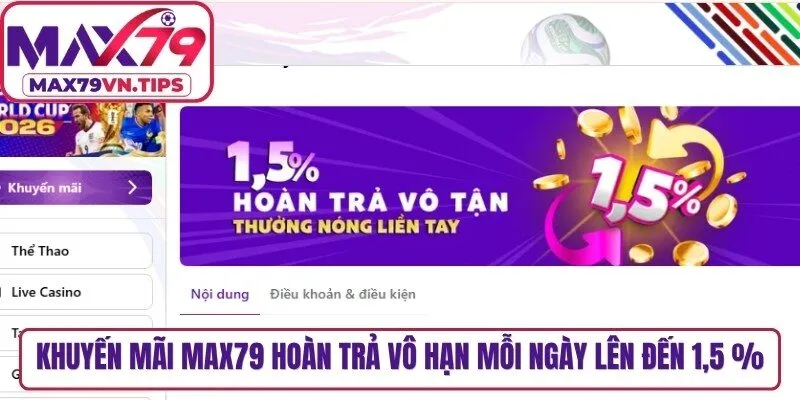 Khuyến mãi Max79 hoàn trả vô hạn mỗi ngày lên đến 1,5 %